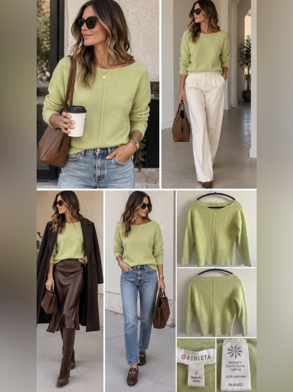 Athleta Small 100% Cashmere Lime Green Bateau Neck Sweater